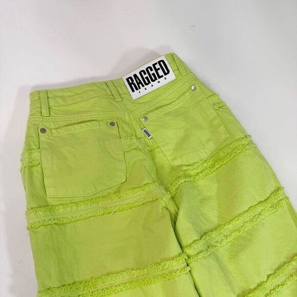 Ragged Lethal Jean Women 24 Green High-Rise Fringed  Wide-Leg Lime Neon festival - Picture 9 of 10